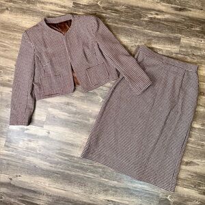 Vintage Christian Dior Houndstooth Skirt Suit Set Brown Jacket Sz Small